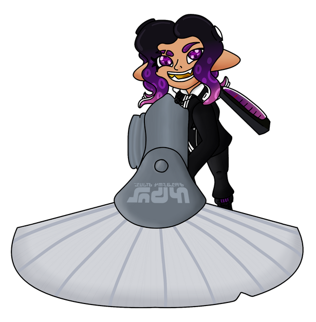 A Traced Screenshot of my Splatsona, Minnow, holding a Painbrush rolling foward